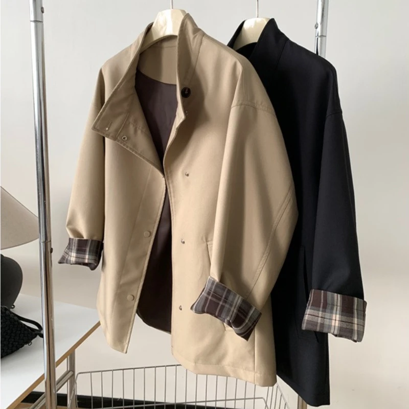 

Women Trench Coats Patchwork Jackets Turn Down Collar Long Sleeve Single Breasted Mid Length Loose Y2k Casual 2025 Autumn Winter