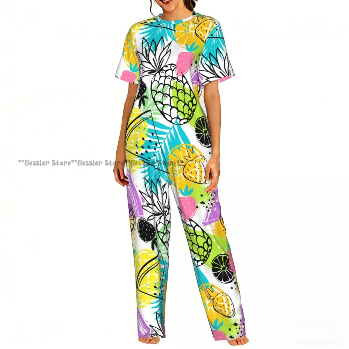 Women's Pajamas Set Fashion Tropics Funny Pineapples Strawberries And Oranges Short Sleeve Sleepwear 2 Piece Homewear Loungewear