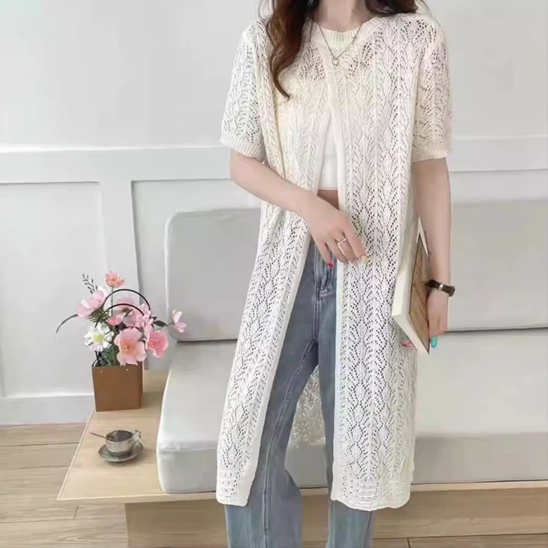 

Women's Knitted Sweaters Lady Hollow out Mesh Thin Pullover See Through Look short Sleeve Loose long Tops Smock Two outfits 2025