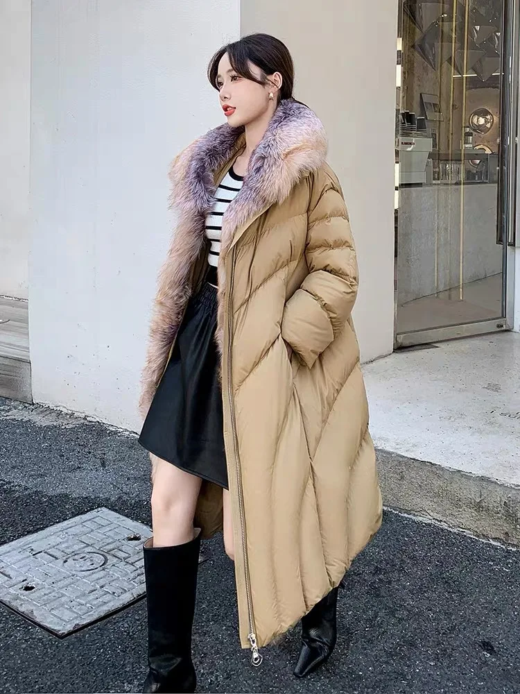 Cappotto con collo in vera pelliccia di volpe naturale 90% piumino d'oca donna spesso caldo lungo piumino allentato capispalla moda Streetwear