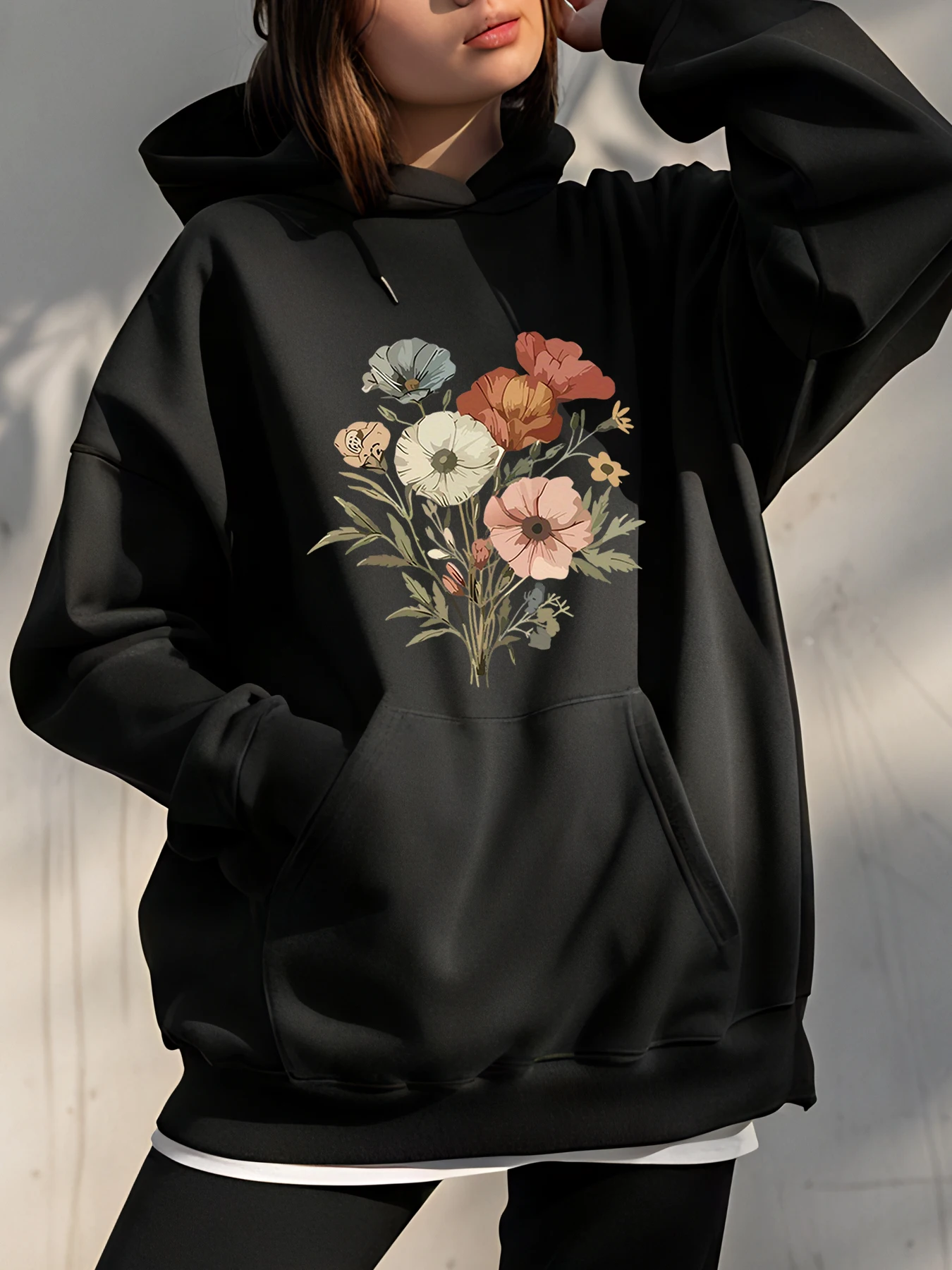 Dames bloemenprint hoodie zwart oversized sweatshirt casual streetwear mode herfst winter outfit voor dames