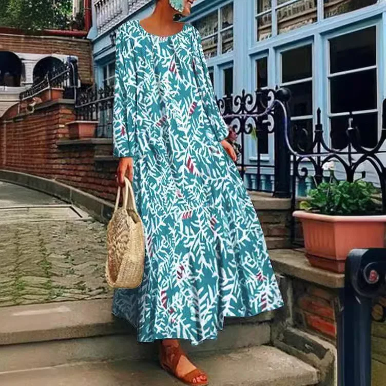 

Loose Casual Boho Print Dress For Women Elegant Round Neck Long Sleeve Big Hem Long Dresses 2024 Spring Summer Fashion New