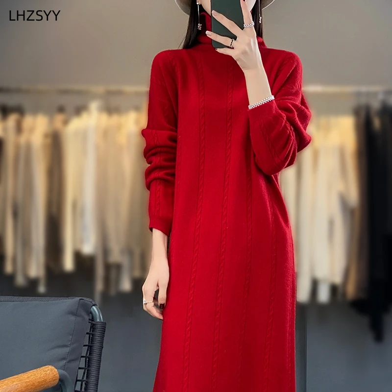 LHZSYY Turtleneck gaun wol murni wanita, Gaun panjang kasmir longgar sweater kelas atas musim gugur, rok rajut bungkus pinggul musim dingin dan musim gugur 100%