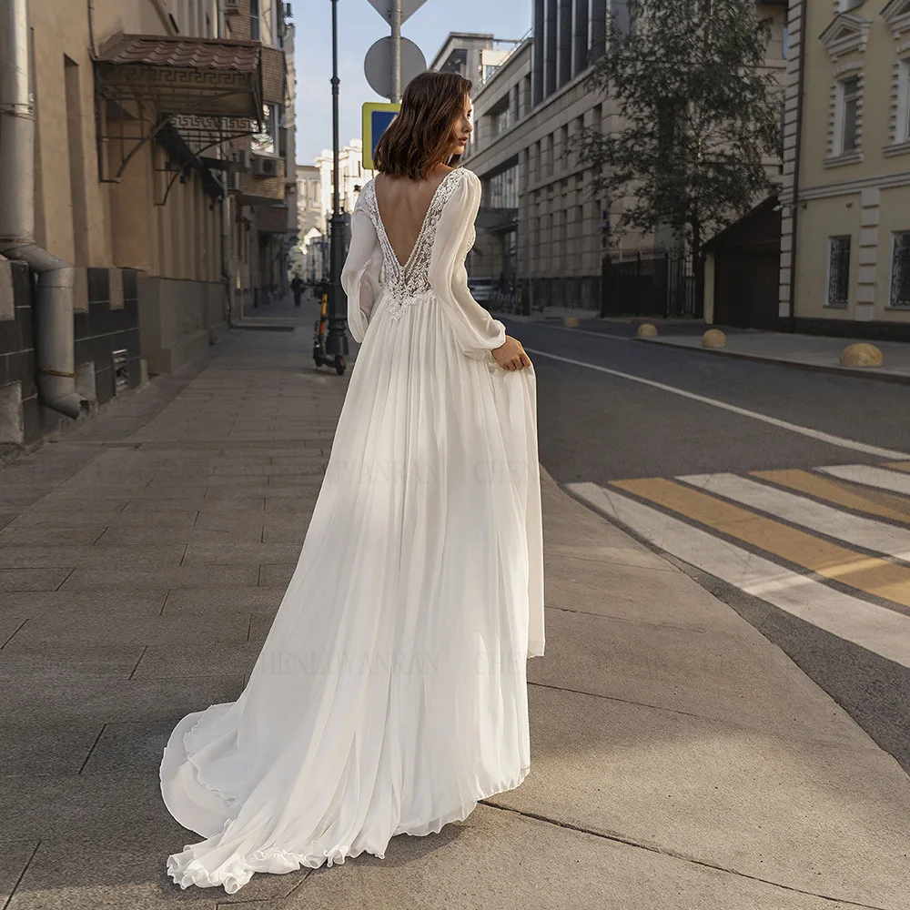 Soft Chiffon Wedding Dresses V-Neck Long Sleeves A-line Wedding Bride Dress Lace Applique Dress For Wome 2024 Vestidos De Novia