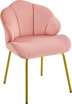 Image Velvet Accent Chair, Cute Vanity Chair with Shell-Shaped Backrest, Modern Armchair Side Chair with Golden Legs for Living Room