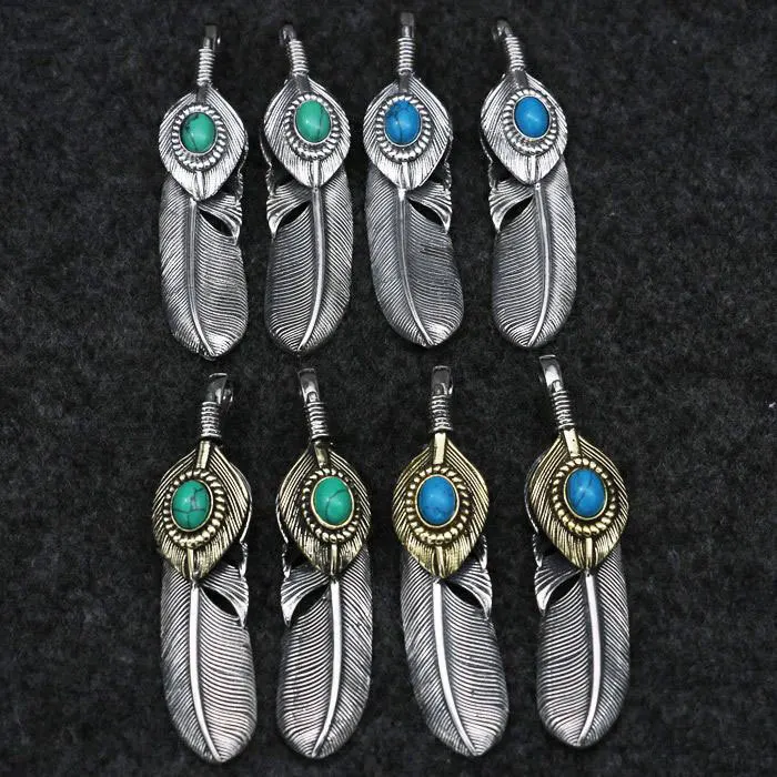 

Sterling Silver Plated Gold Feather Men's Turquoise Feather Handmade Pendant Trend Fashion Expert Necklace Pendant Women