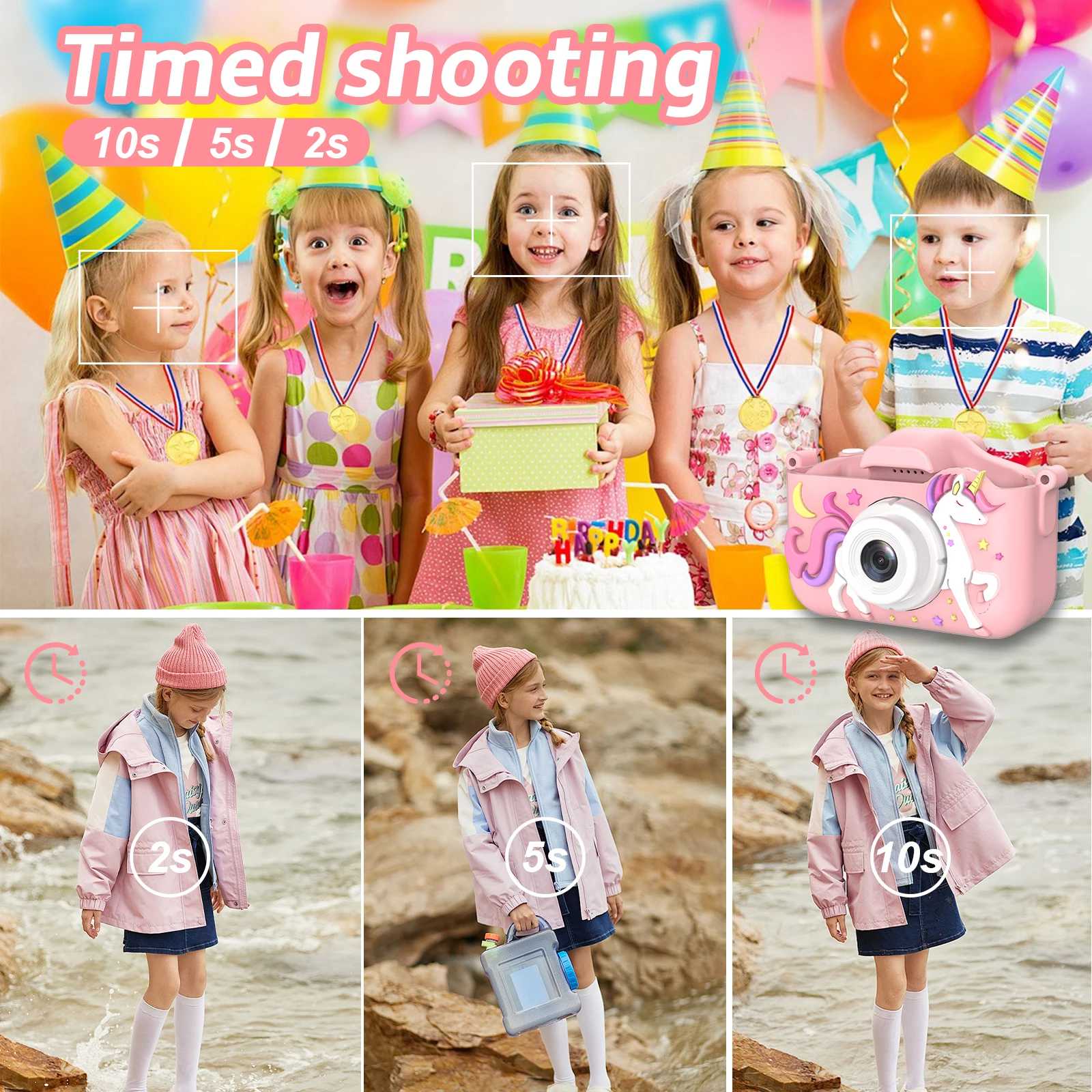 Cameraspeelgoed voor kinderen, eenhoorn- en dinosauruscameraspeelgoed 1080P high-definition camera, 6 opnamemodi, 32 GB geheugen, cadeau voor kinderen