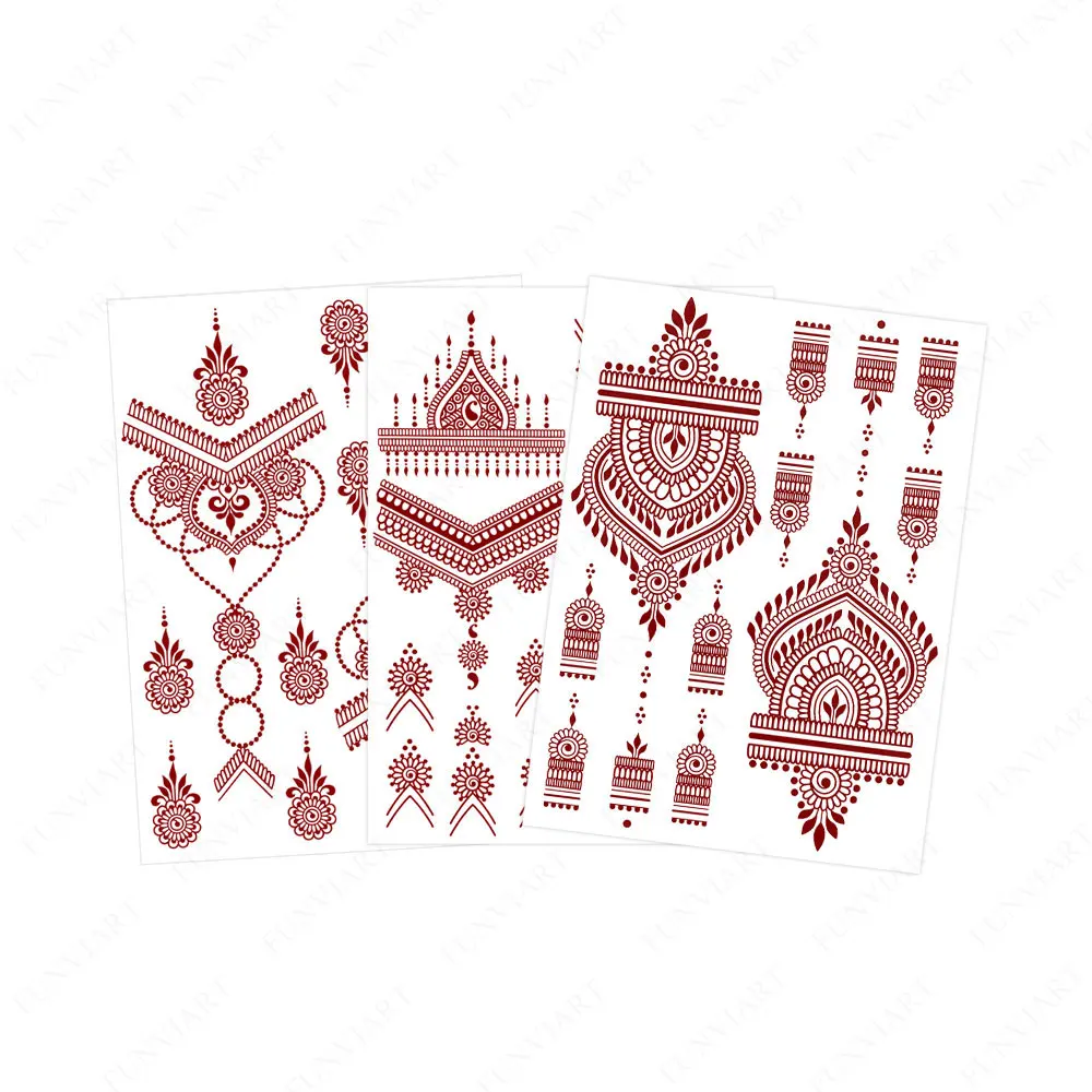 Disposable Flower Fake Tattoo for Women Maroon Henna Tattoo Stickers for Hand Fingers Body Art Waterproof Temporary Tattoos
