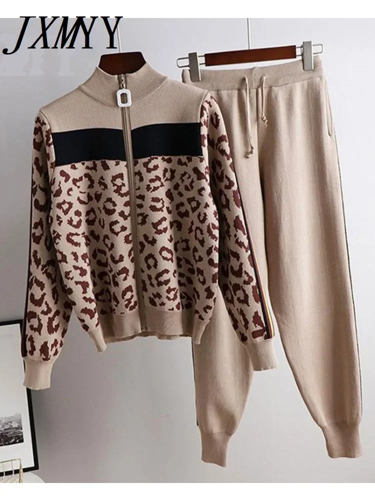 Tracksuit Women Leopard Knit Zip Cardigan Tops+Pants Suit 2PCS Sets Long Sleeve Jacket Coat Woman Casual Sweater Trousers Suits