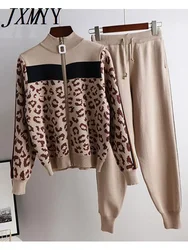 Trainings anzug Frauen Leopard Strick Reiß verschluss Strickjacke Tops Hosen Anzug 2 Stück Sets Langarm Jacke Mantel Frau lässig Pullover Hosen Anzüge