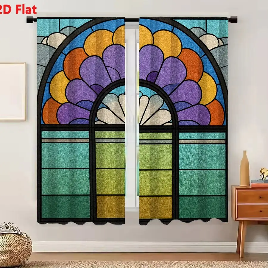 2Pcs Curtains 2D Flat Stylized Stained Glass Window With Arched Top And Colorful Fan Motifs Window Drapes for Bedroom Room Decor