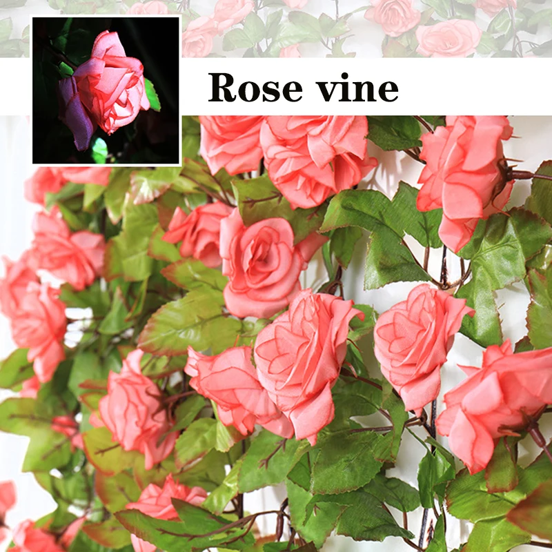 1 قطعة الحرير الاصطناعي روز الكرمة معلقة الزهور الروطان ل جدار ديكور الروطان النباتات وهمية يترك جارلاند ديكورات منزلية للزفاف #6