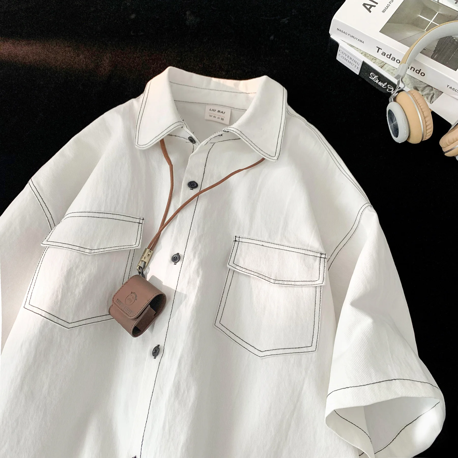 Japanese Style Retro Short-Sleeved  Shirt Men's Thickened Fleece Lined Special Wide Fit Autumn Season Fashion Desi