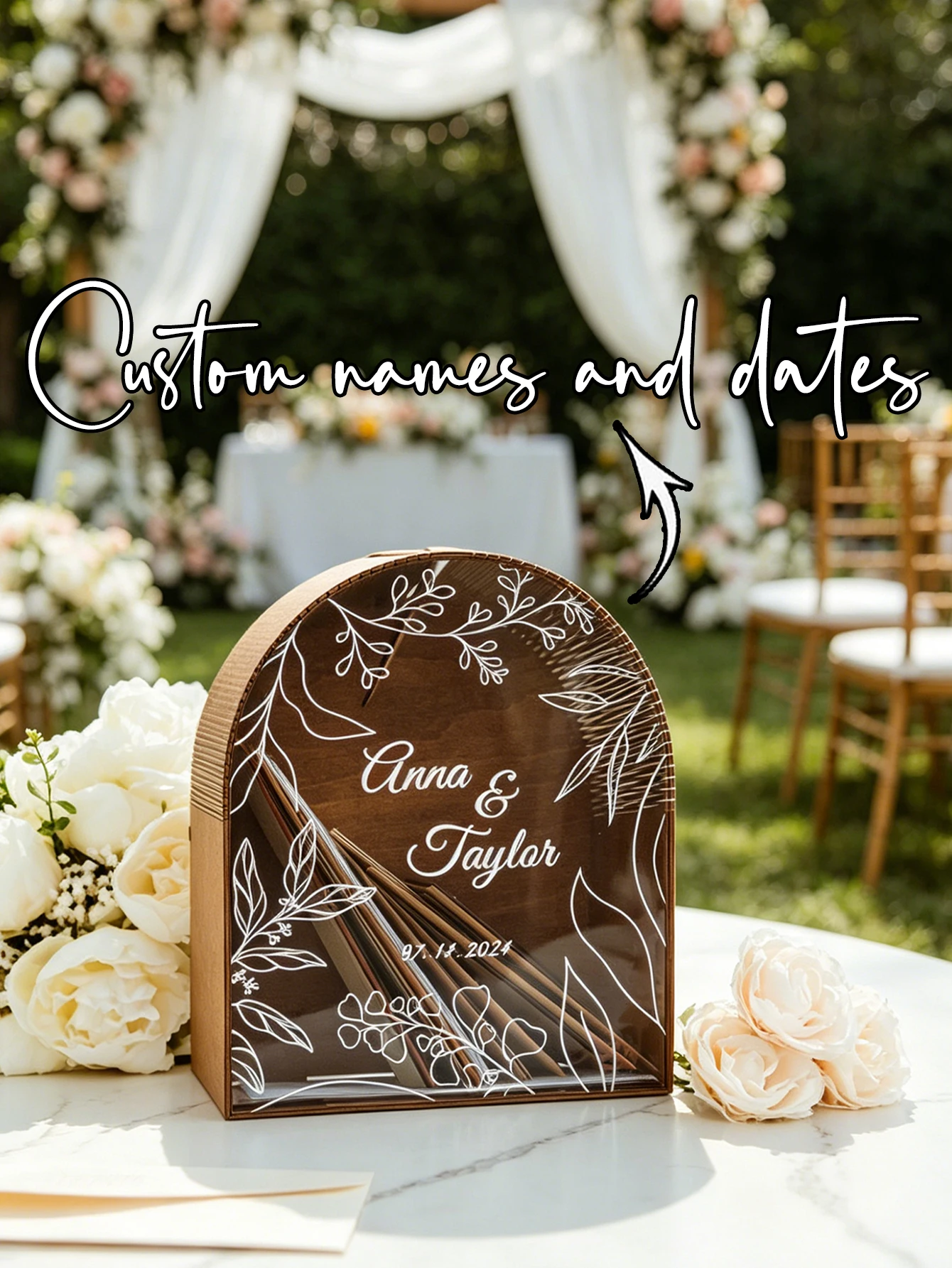 Cadre en bois pour livre d'or avec nom et date personnalisés, boîte à messages de mariage en acrylique gravée de motifs floraux, réception rustique