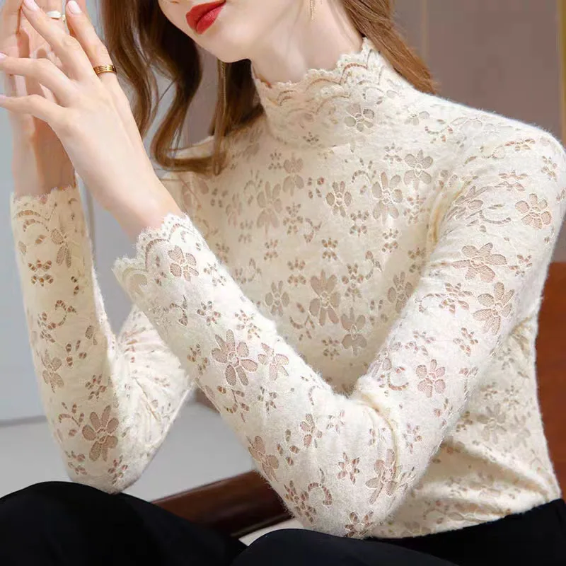 2023 Autumn Winter Women Clothes Sexy Flower Hollow Lace Half High Collar Elegant T Shirt Solid Long Sleeve Slim Warm Basic Tops