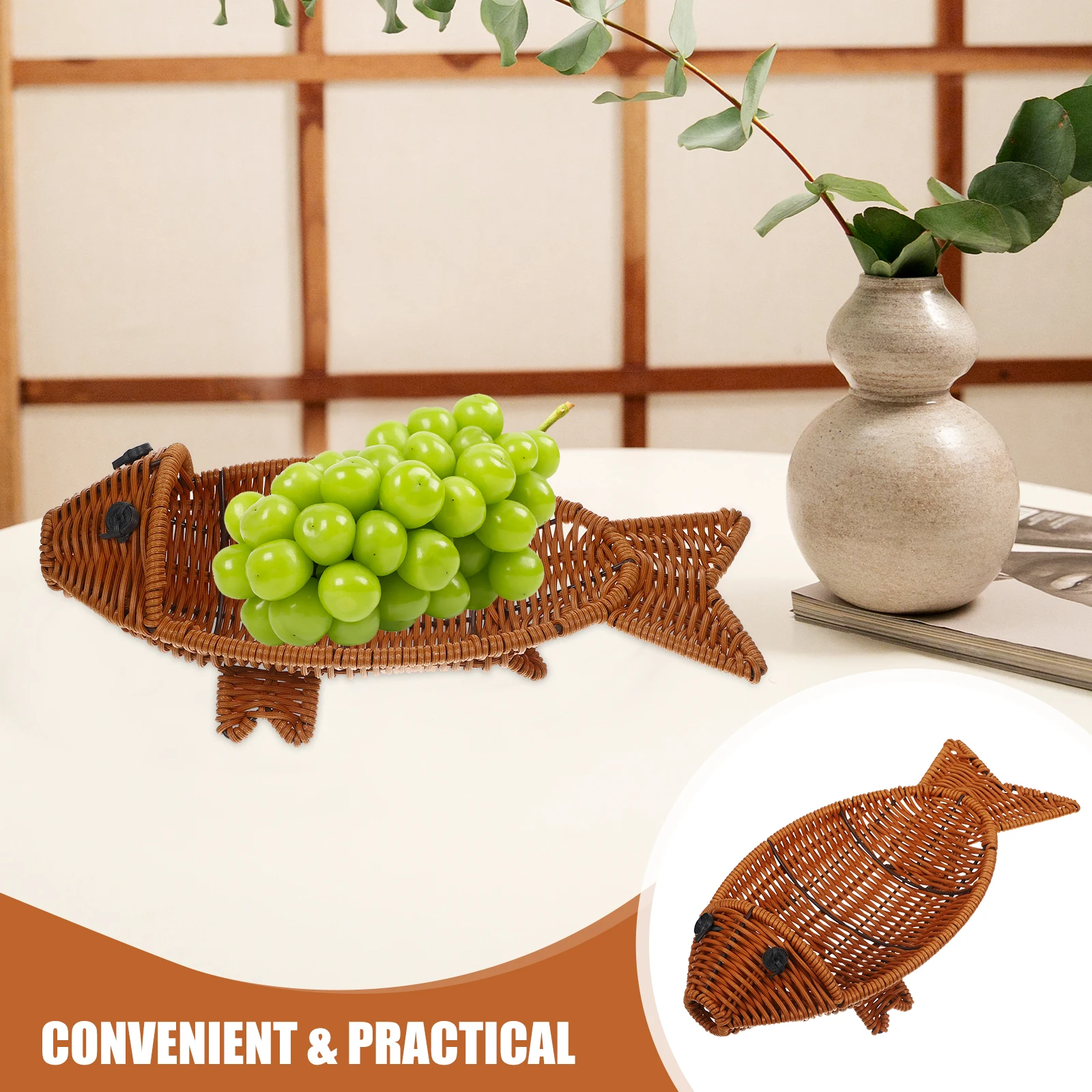 

Fish shaped Fruit Plate Small Size Imitation Rattan Storage Tray Snack ganizer Kitchen Countertop Decor Bread Container