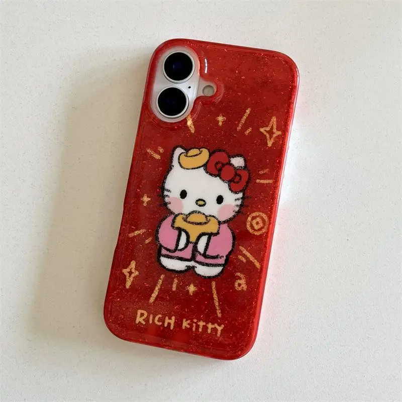 Sanrio Anime Cartoon Hello Kitty Phone Case Kawaii Iphone14/13/16/15Promax Anti Fall Phone Case Phone Chain Girl New Year's Gift