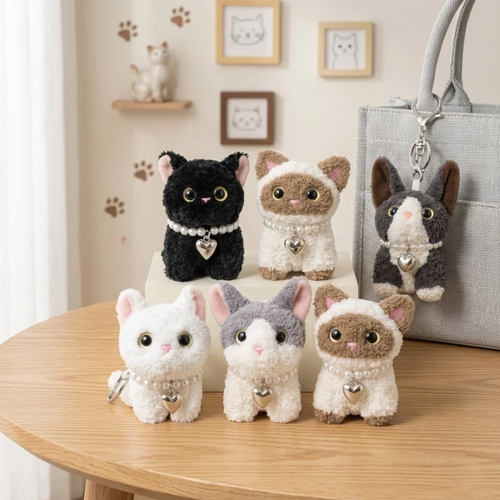 Cat Plush Toys 7cm Simulated Cat Stuffed Pendant Adorably Keychain Car Key Holder Kawaii Decor Toys Birthday Surprise Gifts