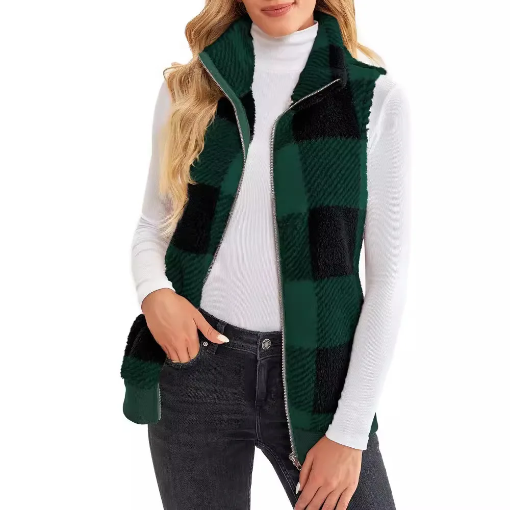 

Women Vests Sleeveless Jacket Stand Collar Coats Zipper Spliced Plaid Pockets Casual Outerwear Fleece Autumn 2025 Warm Loose