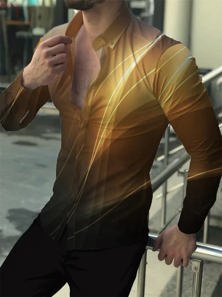 

Men's Simple Business Casual Shirt Color Line Color Matching 3D Printed Long-sleeved Lapel Shirt Men's Outdoor Vacation Outer