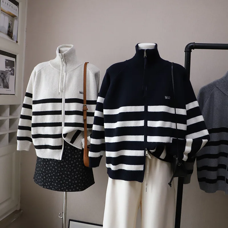 Cárdigan abierto de punto con doble cremallera a rayas coreanas para mujer, suéter versátil holgado y adelgazante para invierno, Jaet Lazy Sle