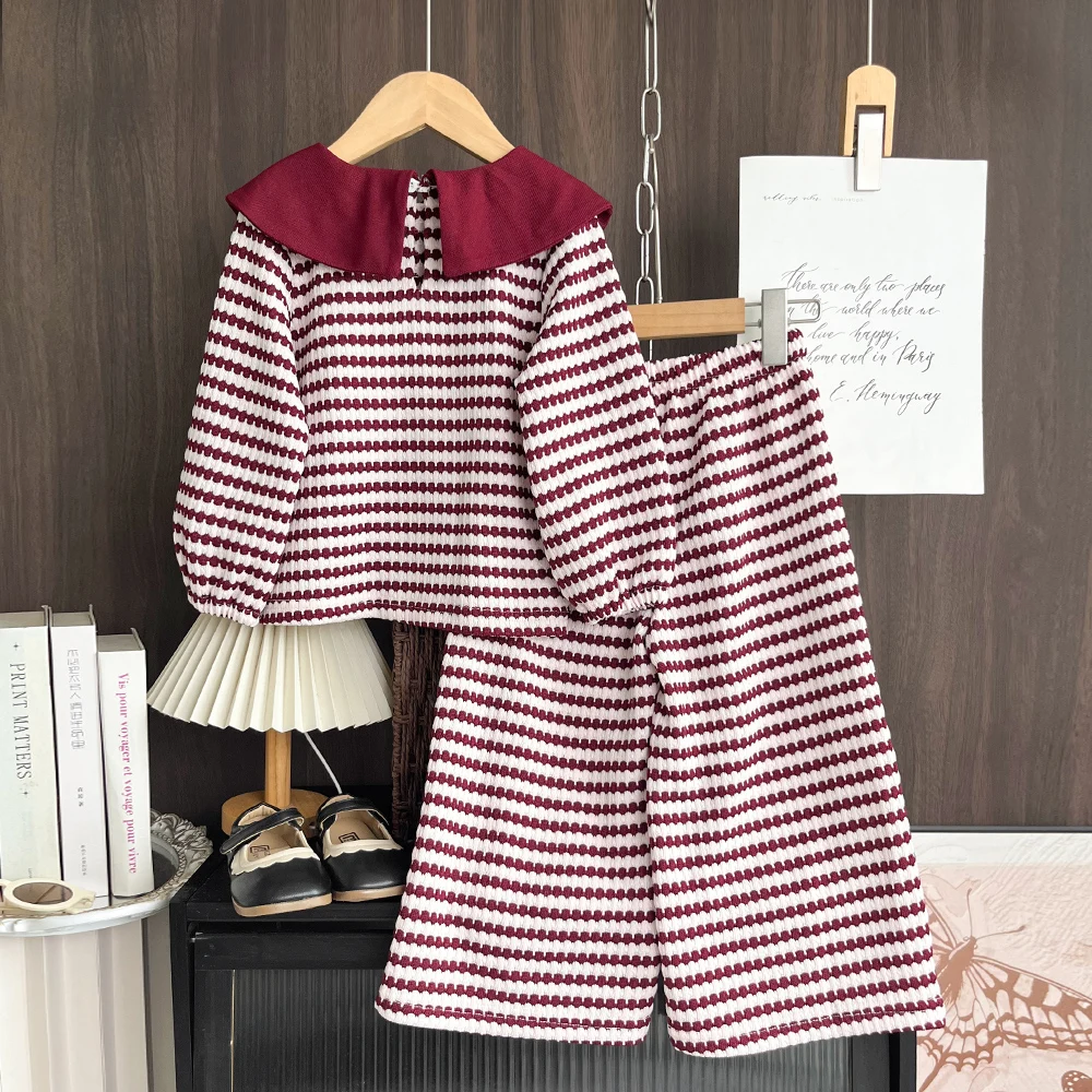 Bear Leader Spring and Autumn Wine Red Striped Girls Clothes Korean Version Color Blocked Long Sleeved Collar Top + Casual Pants