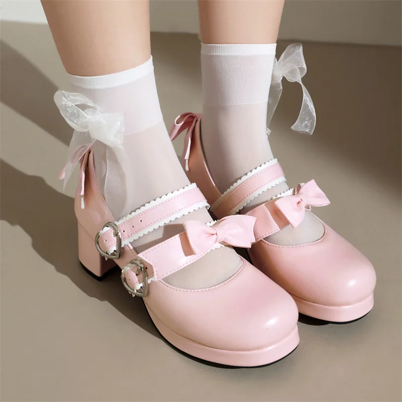 2024 Sweet Double Buckle Strap Mary Janes Shoes for Women 5.5cm High Heels Platform Wedding Bride Pumps Ladies Plus Size 34-45