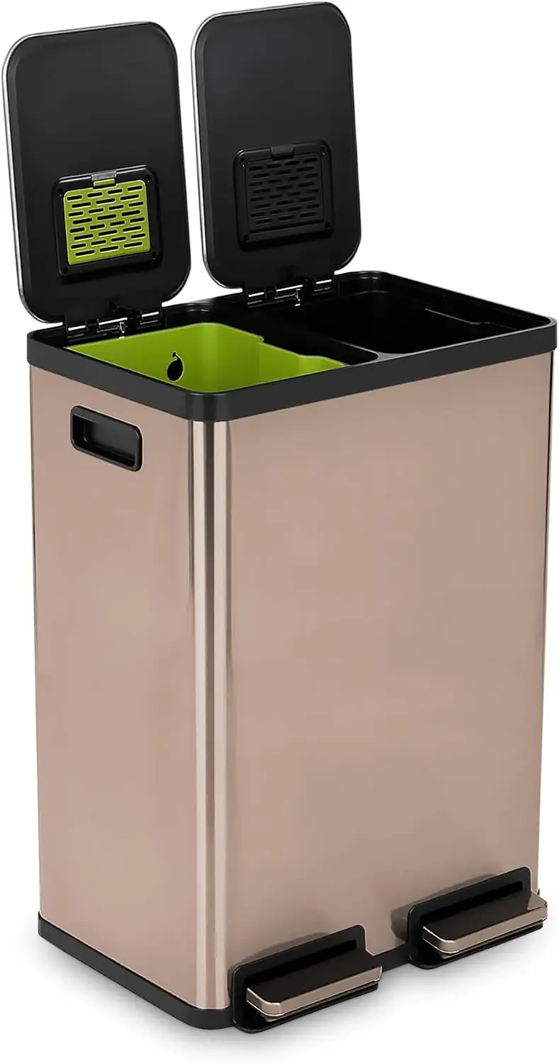 ^60L / 16 Gallon Dual Compartment Kitchen Trash Can - Hands-Free Step Pedal, Soft-Close Lid, Stainless Steel Recycling Bin