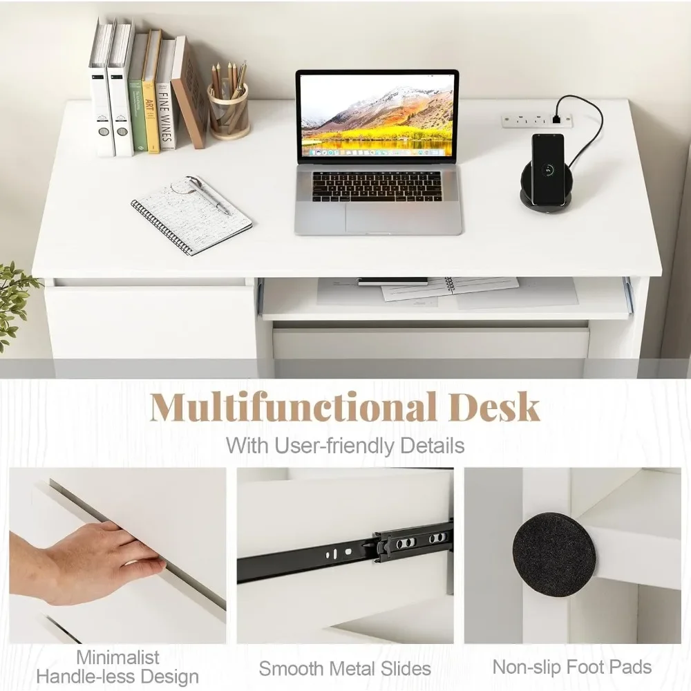 "مكتب كمبيوتر أبيض مع مخرج طاقة مدمج - تصميم مكتبي حديث مع صينية لوحة مفاتيح و3 أدراج واسعة، كتابة 42 بوصة
