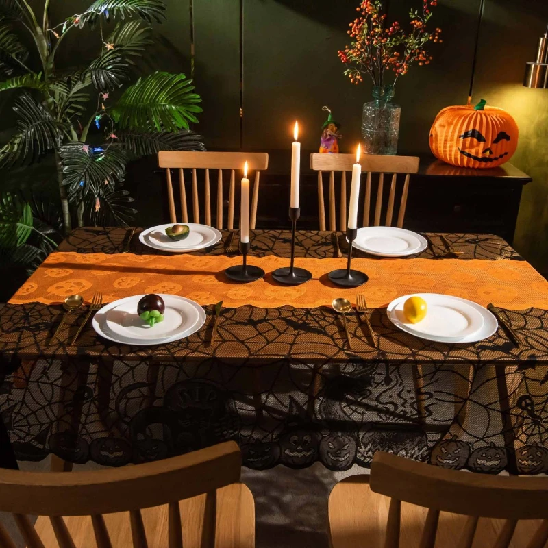 

Halloween Lace Tablecloth Spider Web Pumpkin Pattern Rectangular Shape Suitable for Party Decoration Haunted House Pumpkin Desig