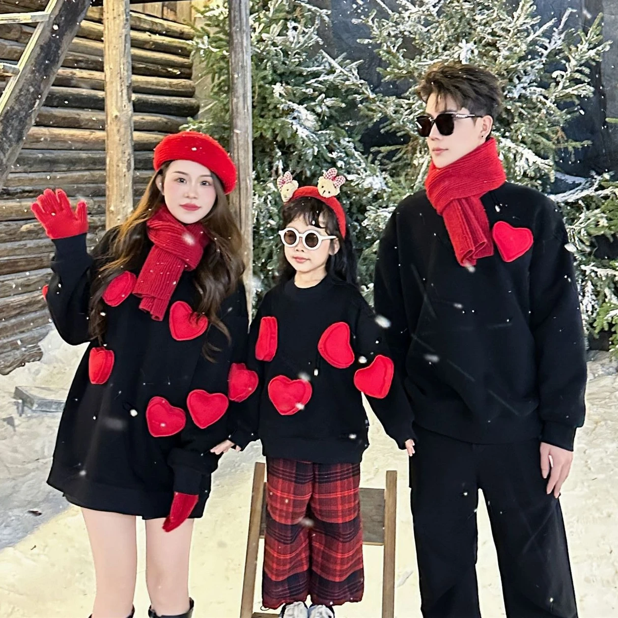 2026 Chinese New Year Family Red Fleece Sweatshirts with 3D Heart Design for Parents Kids Toddler Warm Winter Matching Outfit