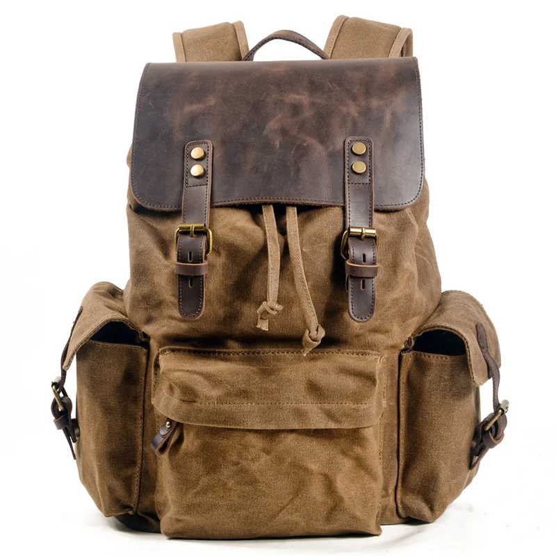 Nesitu A4 Vintage Green Black Khaki Grey Coffee 15.6'' Laptop Genuine Leather Waxed Canvas Men Women Backpack Travel Bag M9504