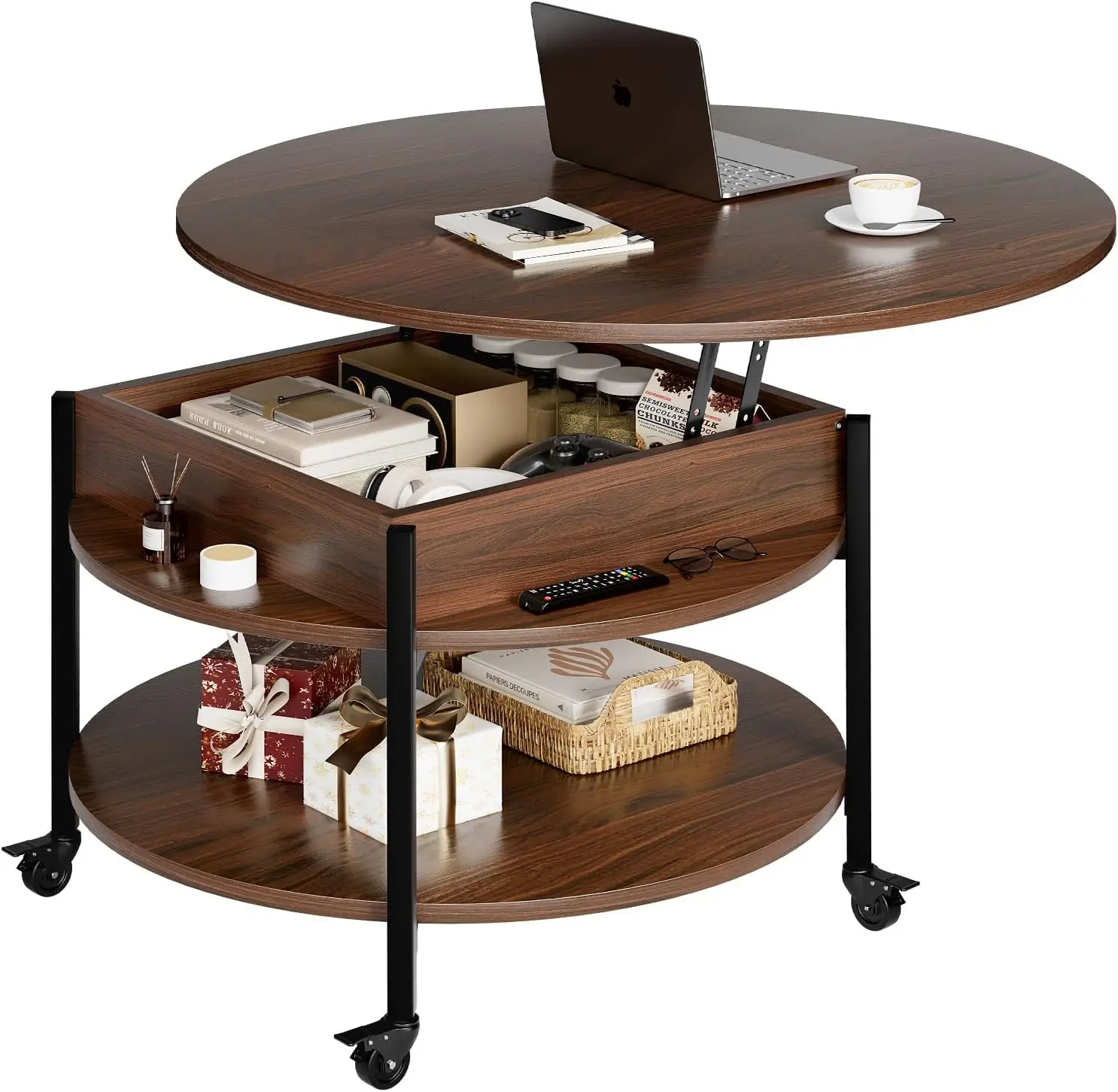 FABATO Round Lift Top Coffee Table with Wheels, Circle Center Table with Storage and Compartment, 26.77’’ Rolling Coffee