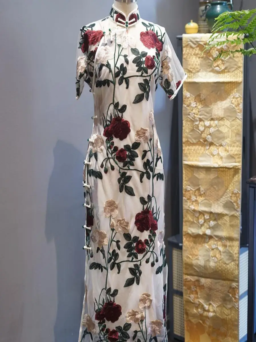 

Изысканный вышитый комплект из белого нефрита «Роза» для свадьбы и повседневной носки: длинное платье-юбка в винтажном стиле с круглым воротником