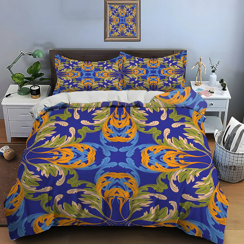 Intricate leaf patterns on blue background Bedding Set 1 Duvet Cover 2 Pillowcases for Adult and Children Luxury Gift Full Size