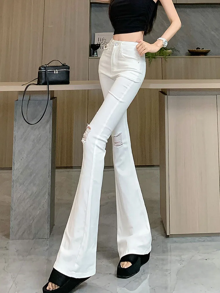 

Leisure High Waisted Perforated Denim Slim Fit And Slim Slim Slim Flared Pants 2024 New Fashionable Women'S Clothing