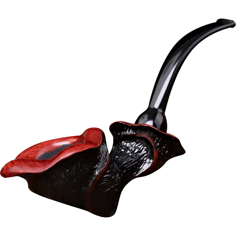 Lady Mini Tobacco Pipe Hand-Carved Flower Type Smoking Pipe Black Background Red Stripes With Black Cumberland Stem