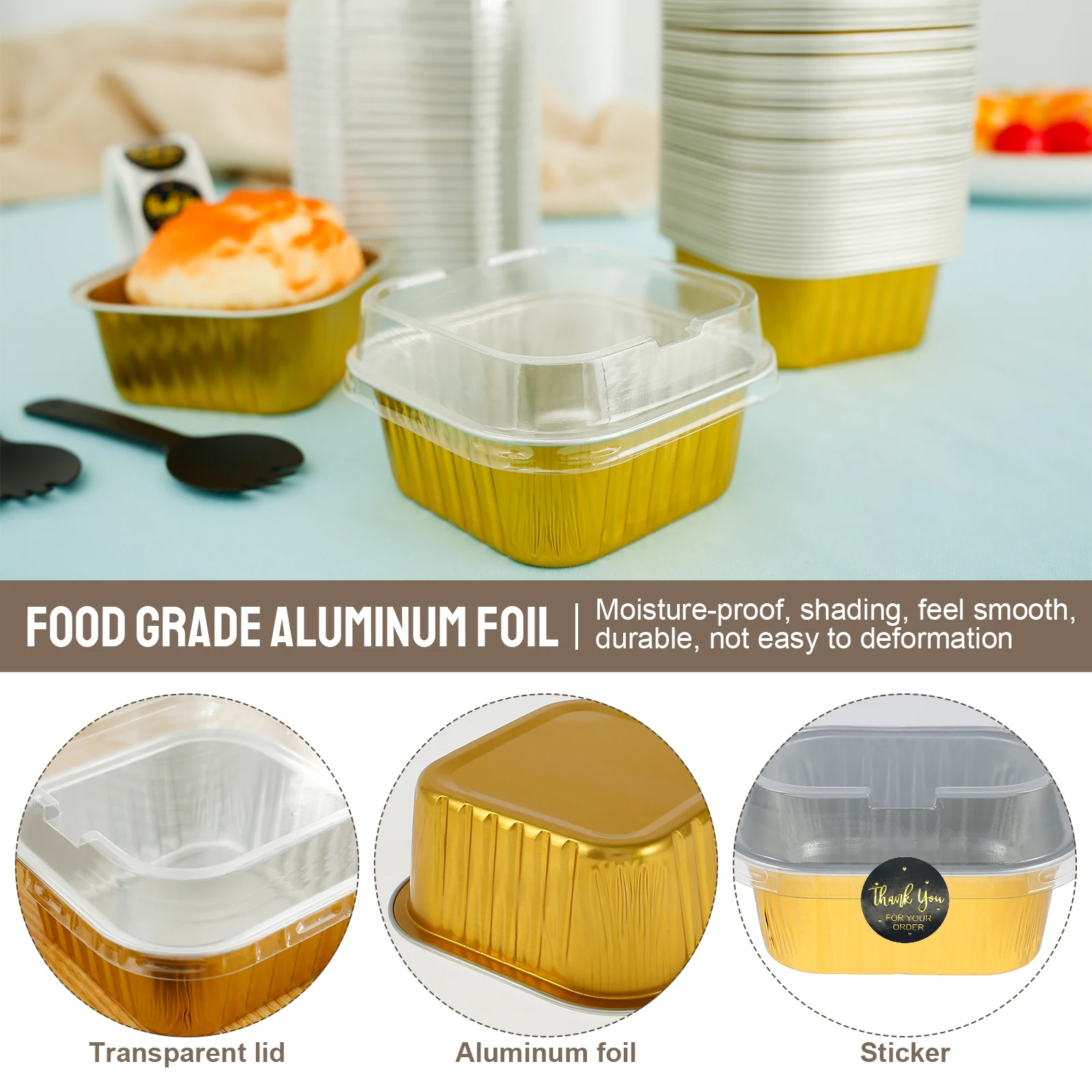 50Pcs Aluminum Foil Cupcake Cup Non-Stick Foil Baking Cups with Lids and Spoons 150ml/5oz Square Ramekin Pudding Baking Liner