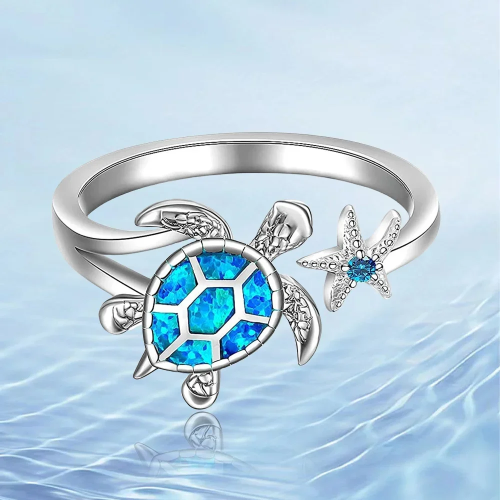 Chic White K-Plated Sea Turtle & Starfish Ring - Perfect Ocean-Inspired Gift for Girls