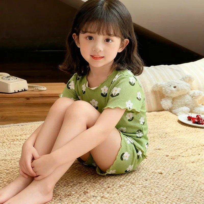 2026 Summer Children's Hot Sale Loose Cute Small Flower Sweet Home T-shirt and Shorts Two Piece Set