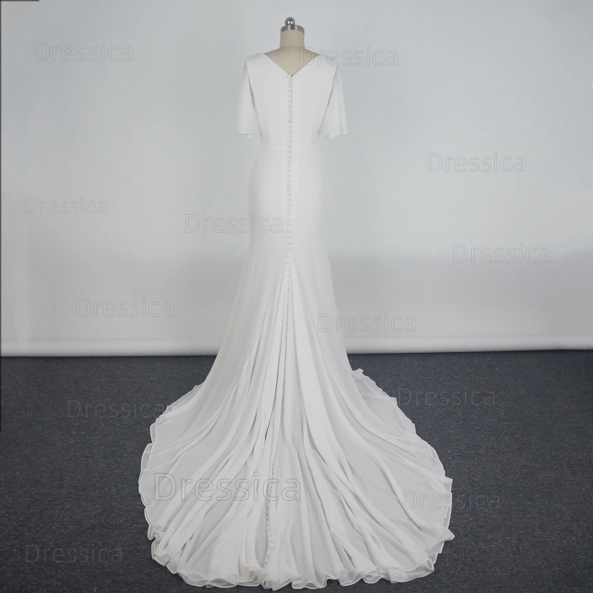 Elegant Chiffon Wedding Dress with Short Flare Sleeve Square Neck Slim Fit Sheath Beach Reception Bridal Gown