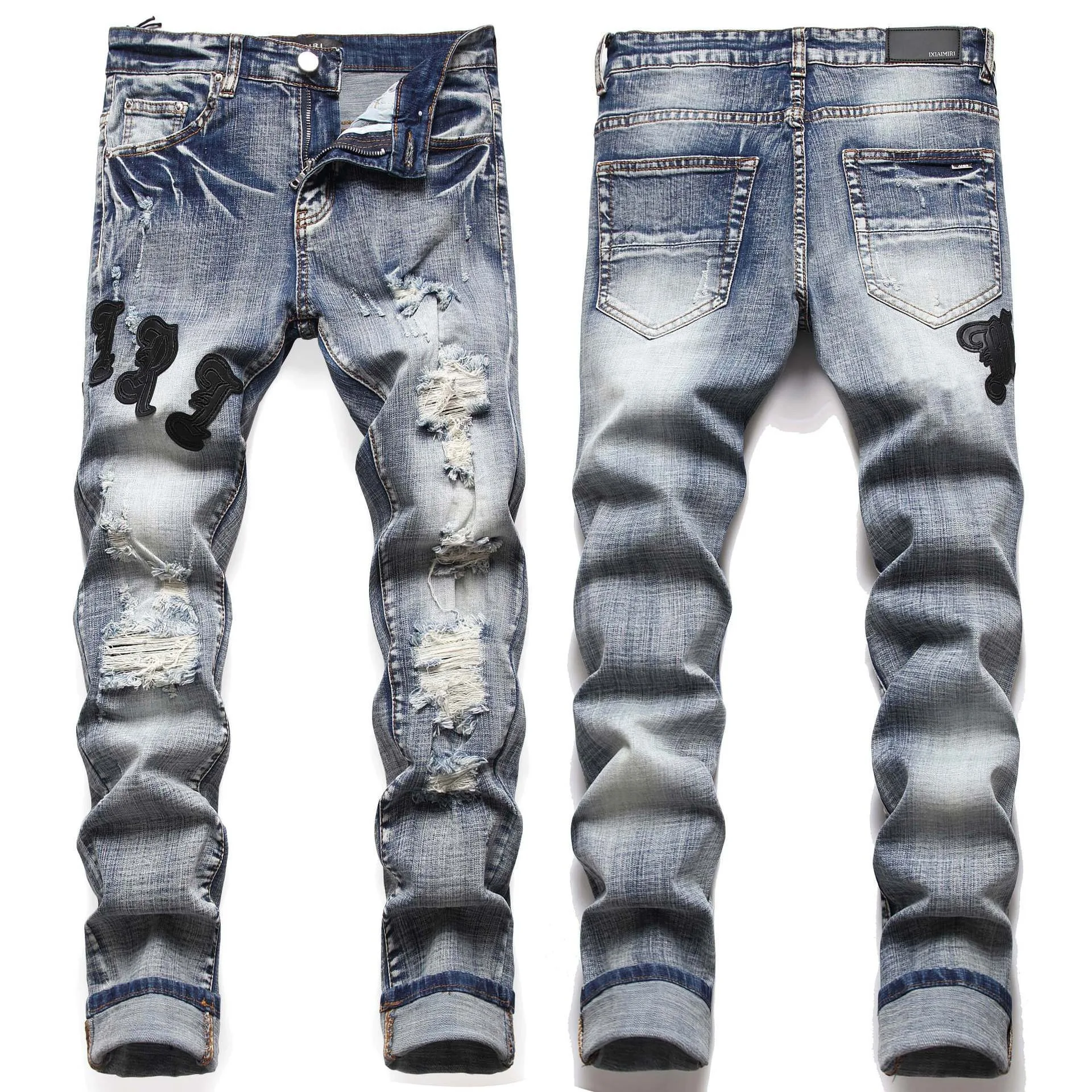 

Light Luxury Men’s Street Fashion Blue Jeans,Korea Version Slim-fit Hip Hop Denim Pants,Trendy Hole Ripped Casual Jeans Pants;