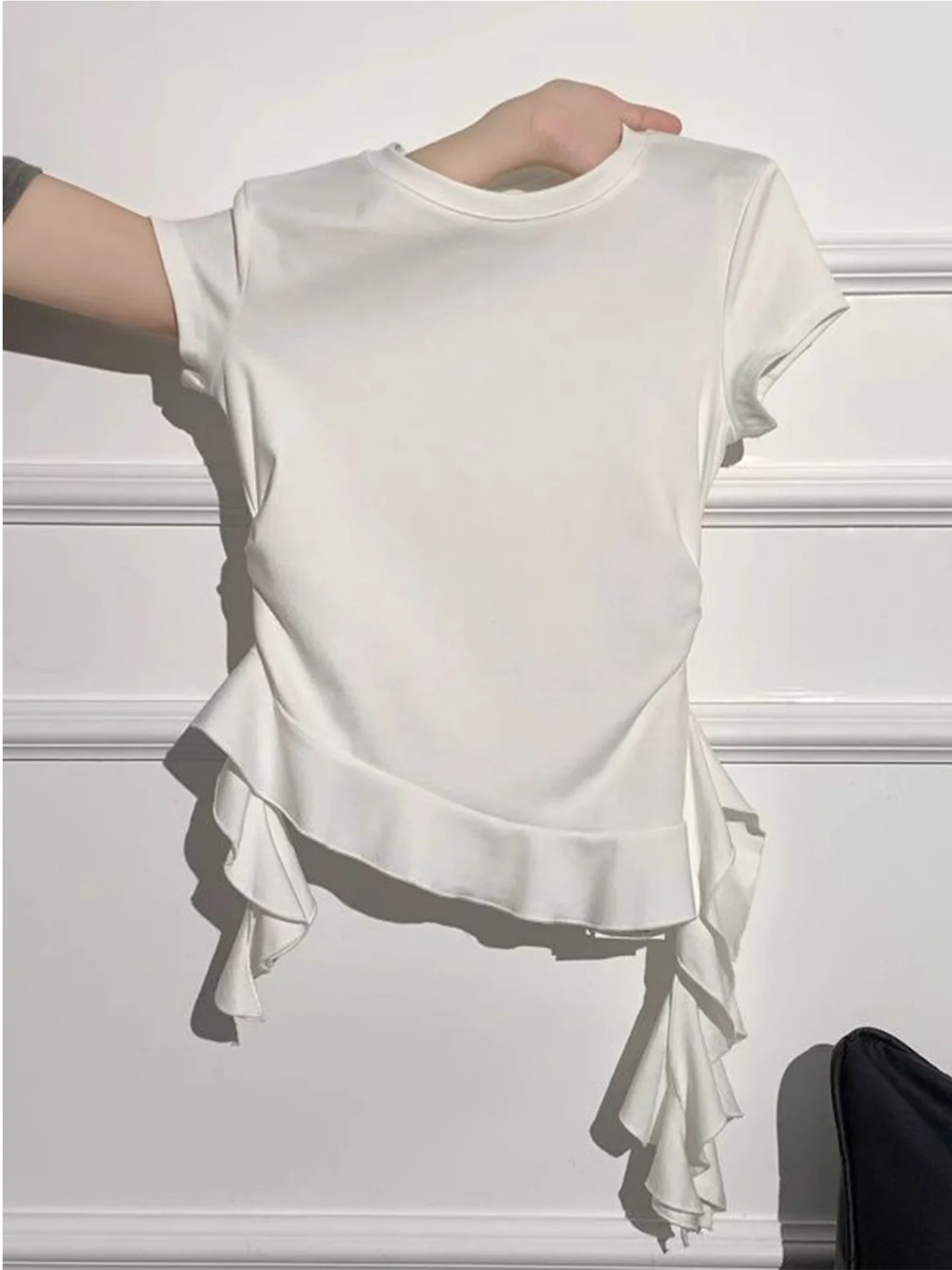 White round Neck Short Sleeve T-Shirt Women's Waist Cinching Flounce Hem Slimming Top Summer New Irregular Korean Style Commute