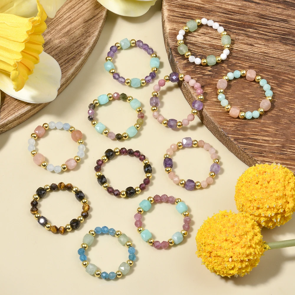 Bohemian Style Multicolor Mixed Natural Stone Aquamarine Faceted Rounds and Sunstone Faceted Cubes Stretchable Ring Gift for Her