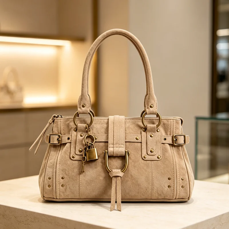 Rechteckige Handtasche, Damen-Tragetasche mit Goldschnalle, Nietenverzierung und Schlüsselanhänger, Winterliche Vintage-Umhängetasche in Unifarbe – Detail 8