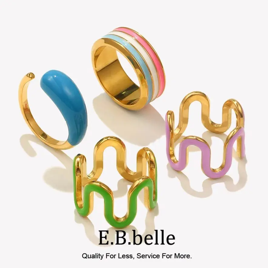 E.B.belle Summer Stainless Steel Enamel Asymetric Droplet Thead Pattern Wave Spring Shape Rings Women Finger Jewelry