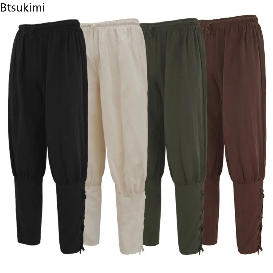 2025 Men's Vintage Stripe Pants Renaissance Medieval Gothic Trouser Caribbean Pirate Horseman Cosplay Costume Bandage Pants Male