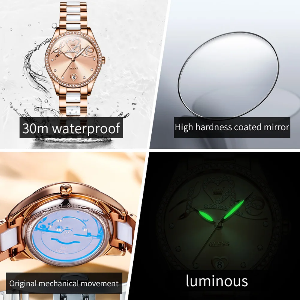 OLEVS 6686 Watch for Woman Elegant Ceramic Strap Automatic Mechanical Watch Waterproof Luxury Brand Diamond Bezel Women Watch