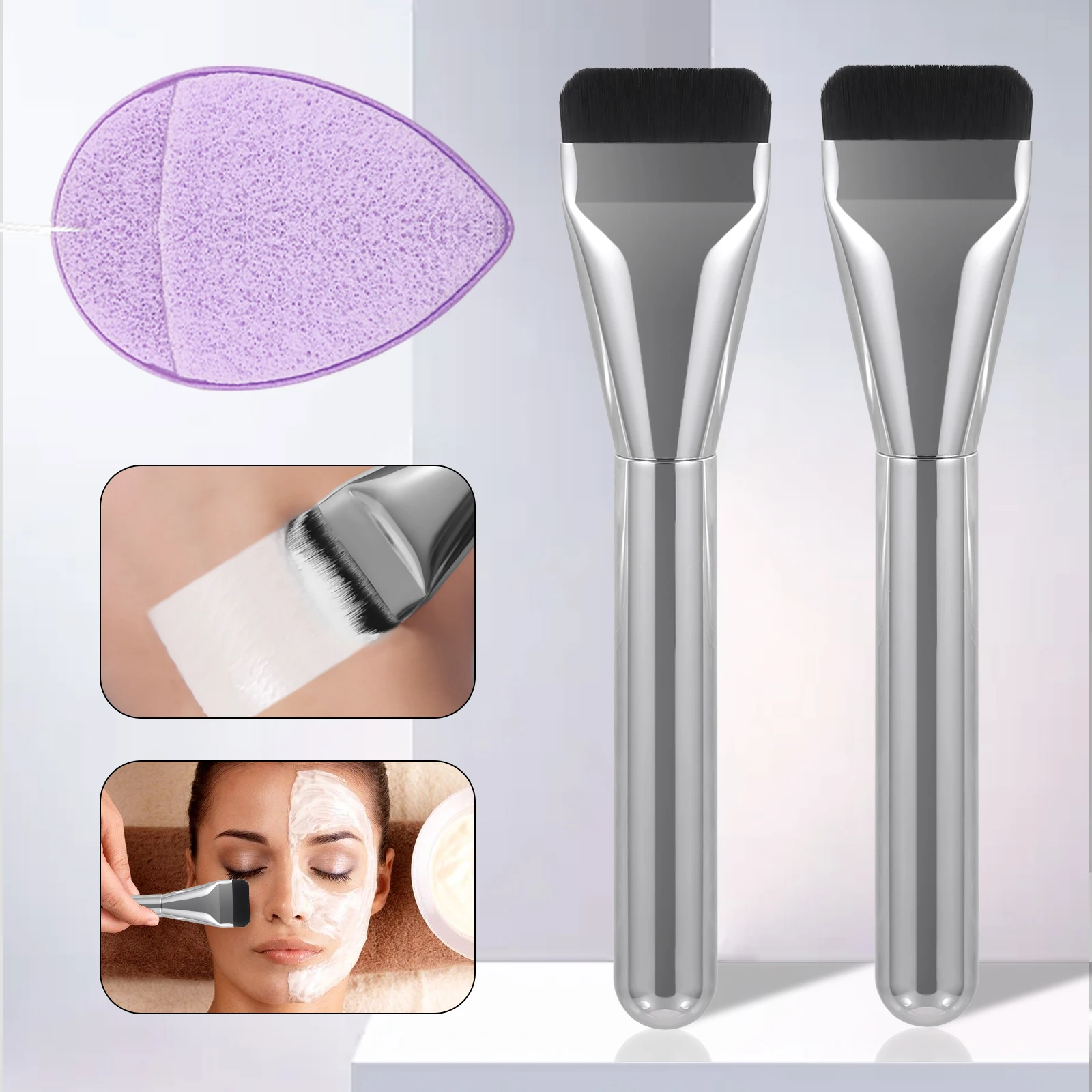 Professional 2Pcs Flat Head Mask Brush Set with Makeup Puff Single-head Flat Mask Applicator Brush Beauty Tool Kit