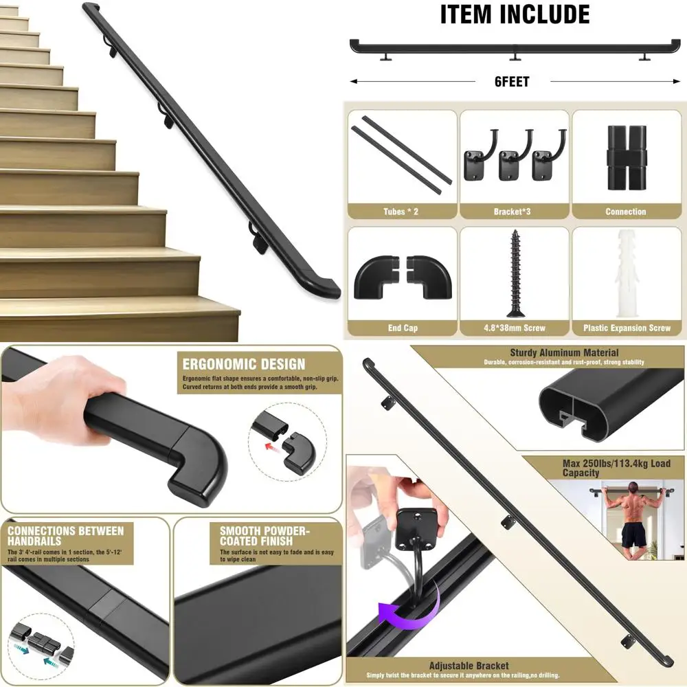 درابزين درج داخلي وخارجي معدني أسود مع إرجاع جدار للخطوات والسلالم #1